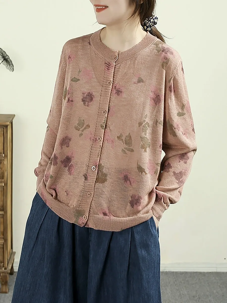 Women Summer Spring Artsy Flower O-Neck Knit Shirt
