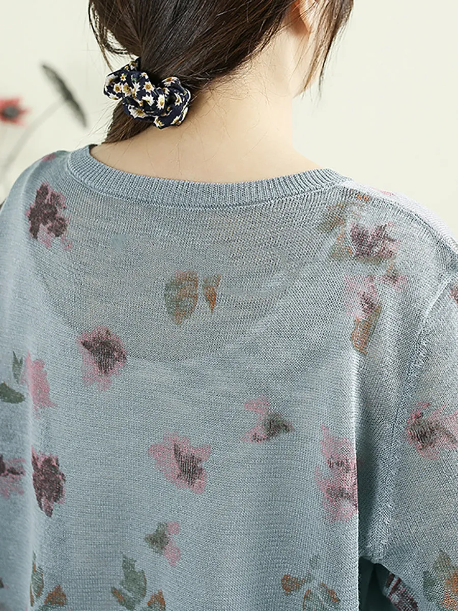 Women Summer Spring Artsy Flower O-Neck Knit Shirt