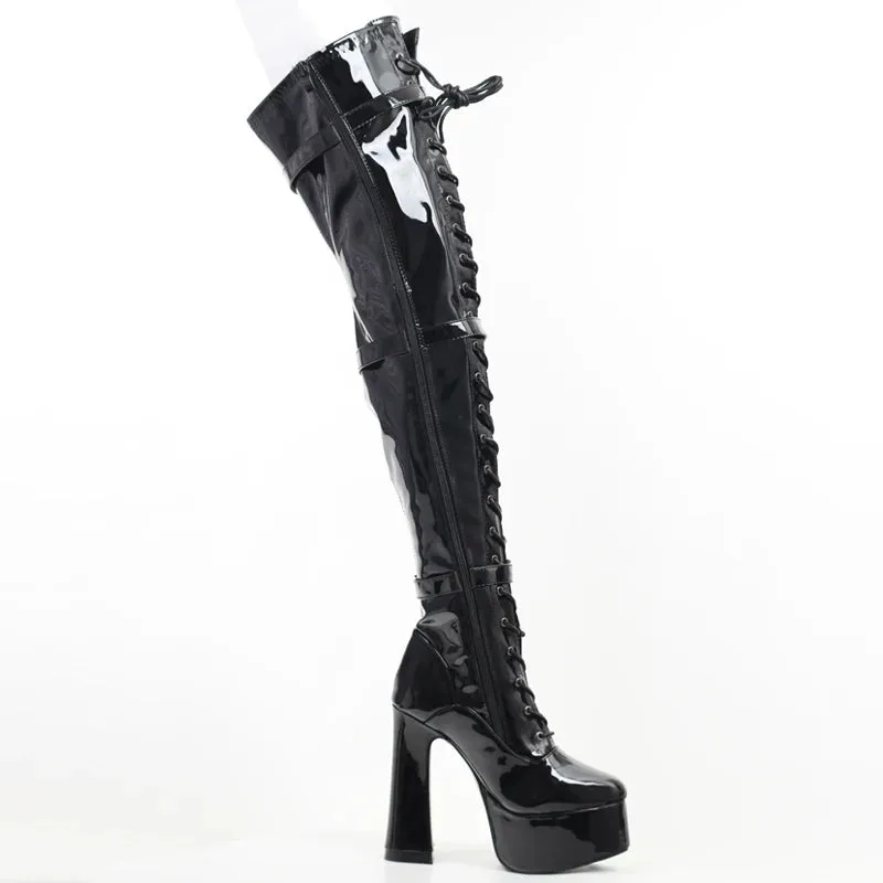 Women Thigh High Boots 15CM Block Heel Platform Cross-tied Over-the-Knee Long Boots