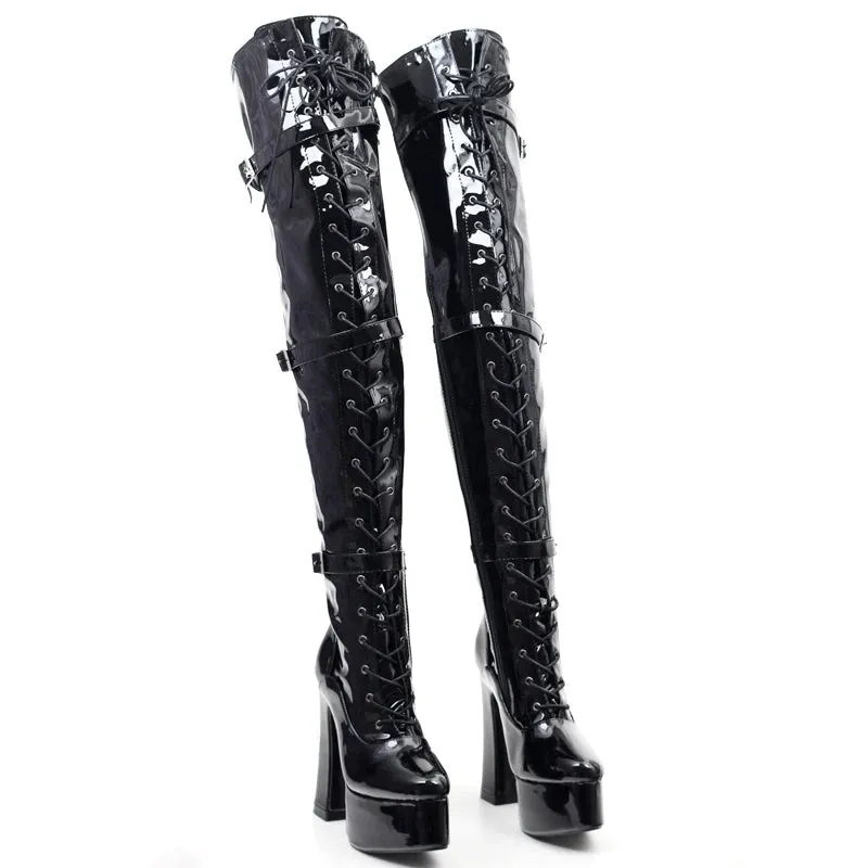 Women Thigh High Boots 15CM Block Heel Platform Cross-tied Over-the-Knee Long Boots
