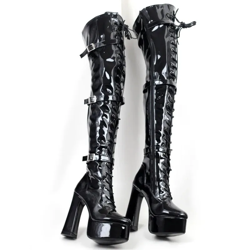 Women Thigh High Boots 15CM Block Heel Platform Cross-tied Over-the-Knee Long Boots