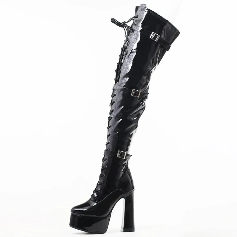Women Thigh High Boots 15CM Block Heel Platform Cross-tied Over-the-Knee Long Boots