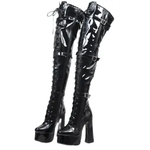 Women Thigh High Boots 15CM Block Heel Platform Cross-tied Over-the-Knee Long Boots