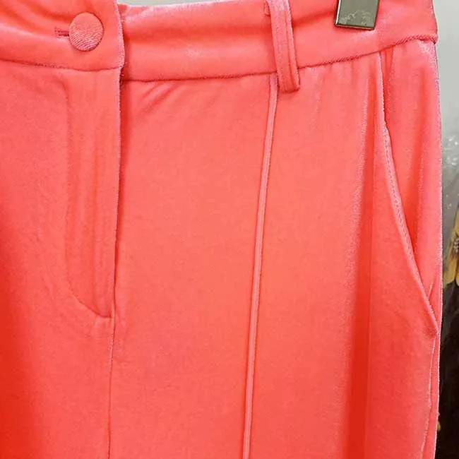 Women Velvet Coral Pantsuit One Button Blazer   Mid-High Rise Flare Trousers Pants Suit, Wedding Suit,