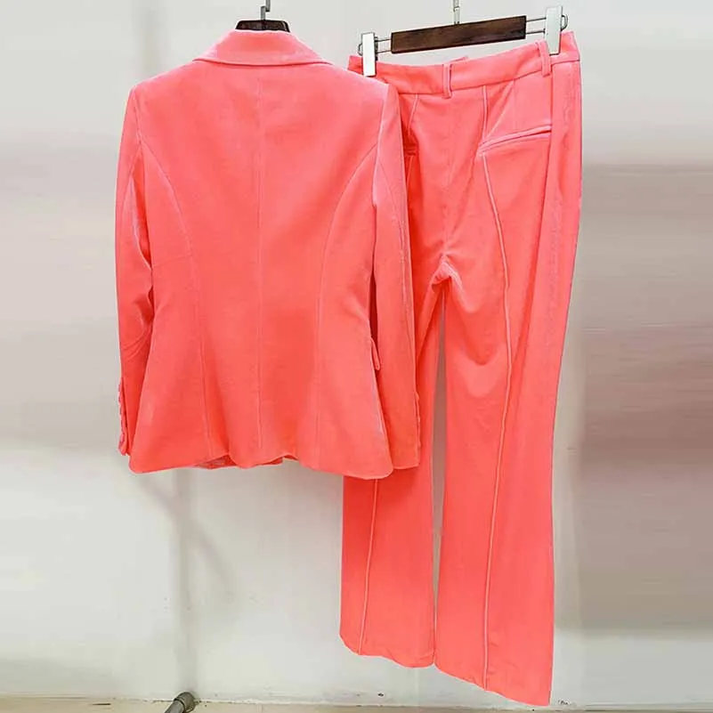 Women Velvet Coral Pantsuit One Button Blazer   Mid-High Rise Flare Trousers Pants Suit, Wedding Suit,