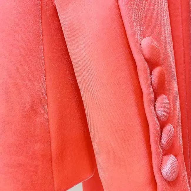 Women Velvet Coral Pantsuit One Button Blazer   Mid-High Rise Flare Trousers Pants Suit, Wedding Suit,