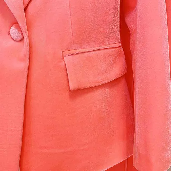 Women Velvet Coral Pantsuit One Button Blazer   Mid-High Rise Flare Trousers Pants Suit, Wedding Suit,