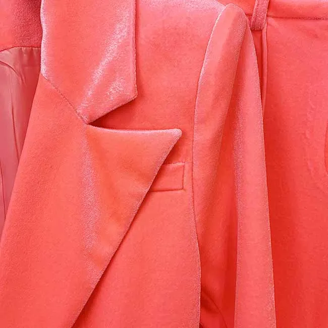 Women Velvet Coral Pantsuit One Button Blazer   Mid-High Rise Flare Trousers Pants Suit, Wedding Suit,