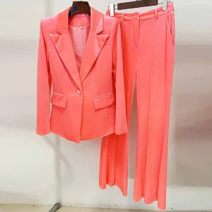 Women Velvet Coral Pantsuit One Button Blazer   Mid-High Rise Flare Trousers Pants Suit, Wedding Suit,