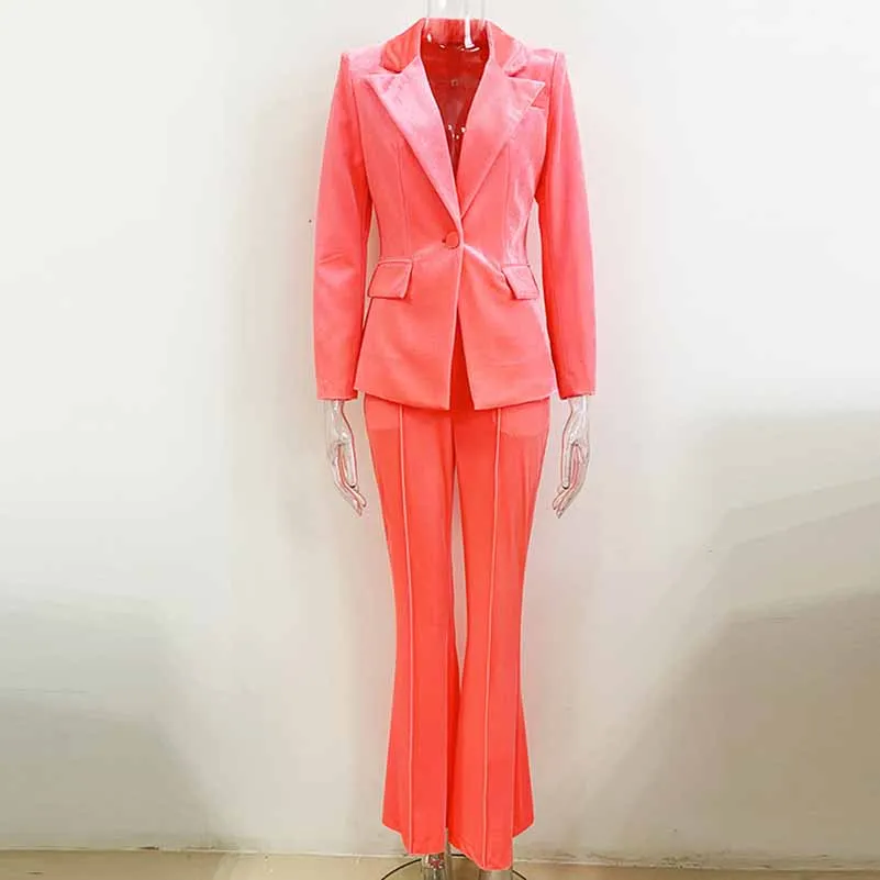 Women Velvet Coral Pantsuit One Button Blazer   Mid-High Rise Flare Trousers Pants Suit, Wedding Suit,