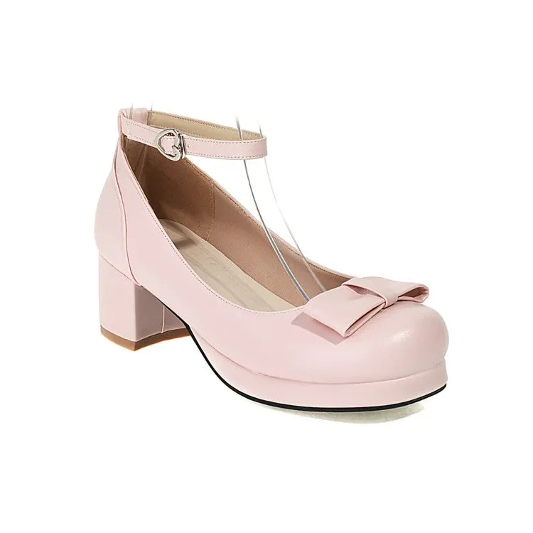 Women's Ankle Strap Bow Chunky Heels Pumps Shoes