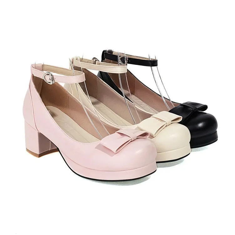 Women's Ankle Strap Bow Chunky Heels Pumps Shoes