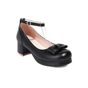 Women's Ankle Strap Bow Chunky Heels Pumps Shoes
