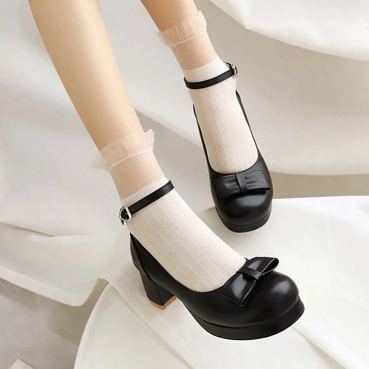 Women's Ankle Strap Bow Chunky Heels Pumps Shoes