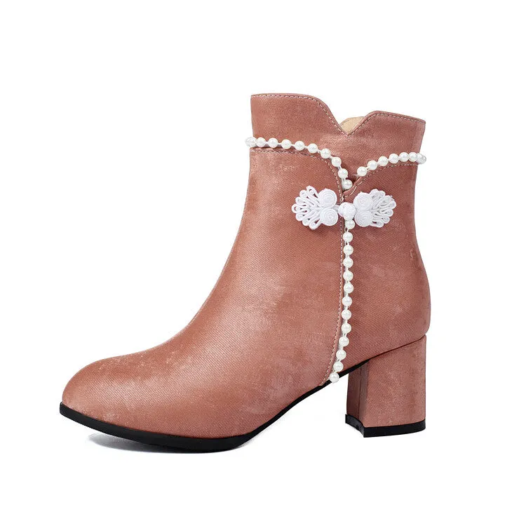 Women's Beads Round Toe Block Heel Ankle Boots