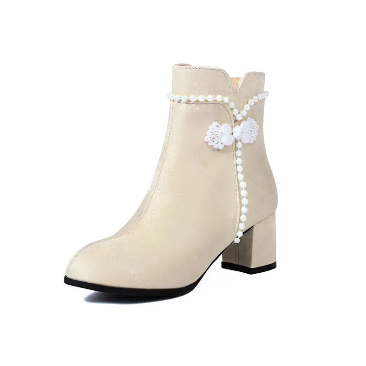 Women's Beads Round Toe Block Heel Ankle Boots