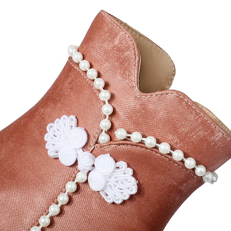 Women's Beads Round Toe Block Heel Ankle Boots