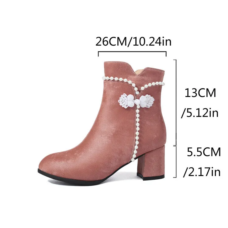 Women's Beads Round Toe Block Heel Ankle Boots
