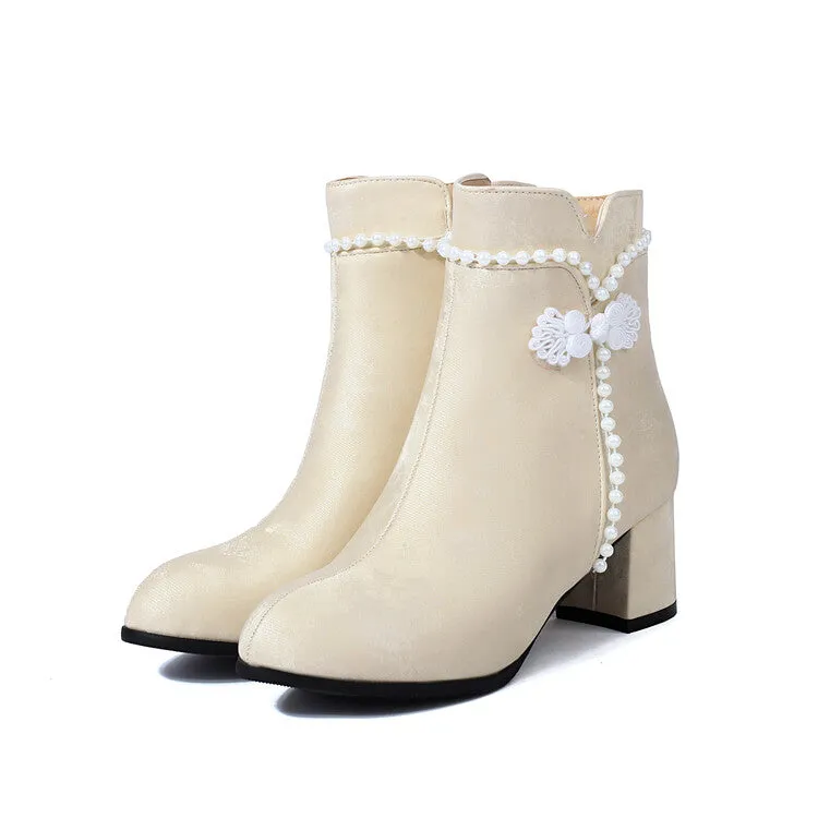 Women's Beads Round Toe Block Heel Ankle Boots
