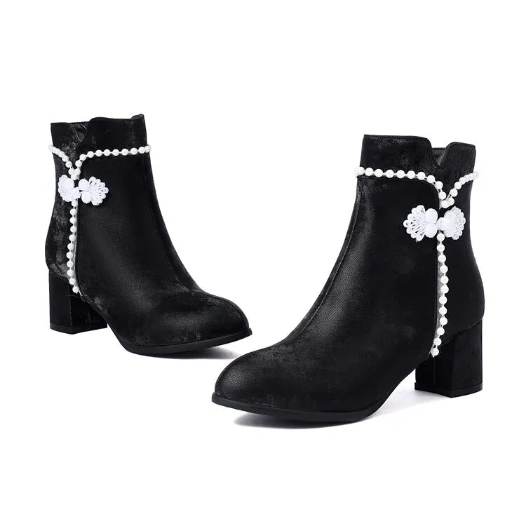 Women's Beads Round Toe Block Heel Ankle Boots
