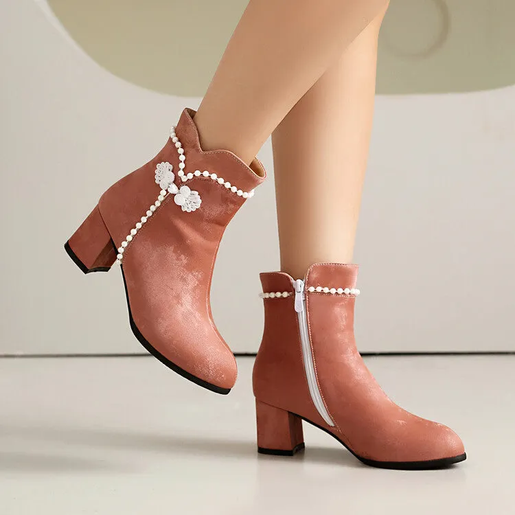 Women's Beads Round Toe Block Heel Ankle Boots