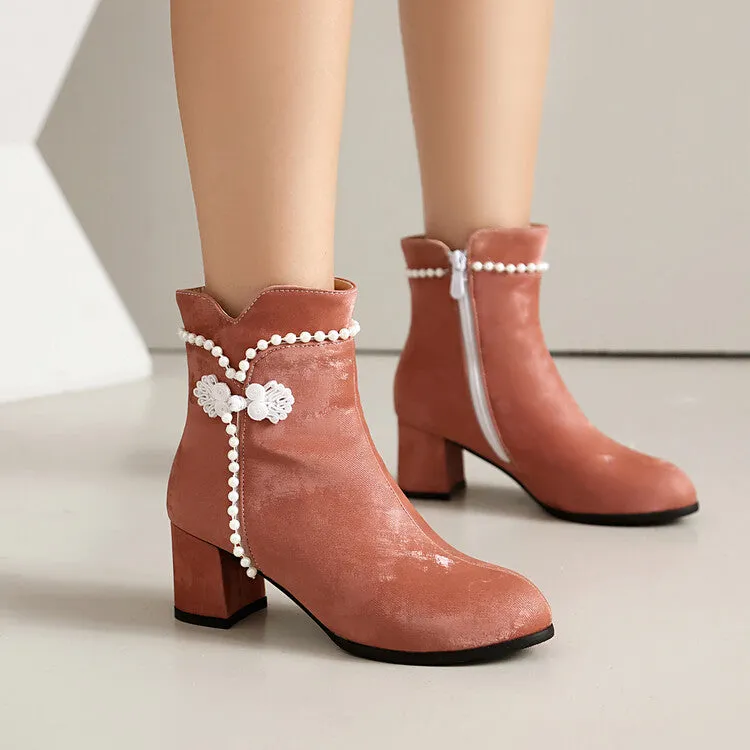 Women's Beads Round Toe Block Heel Ankle Boots