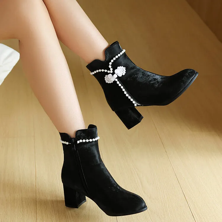 Women's Beads Round Toe Block Heel Ankle Boots