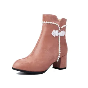 Women's Beads Round Toe Block Heel Ankle Boots