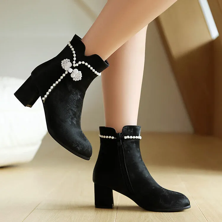 Women's Beads Round Toe Block Heel Ankle Boots