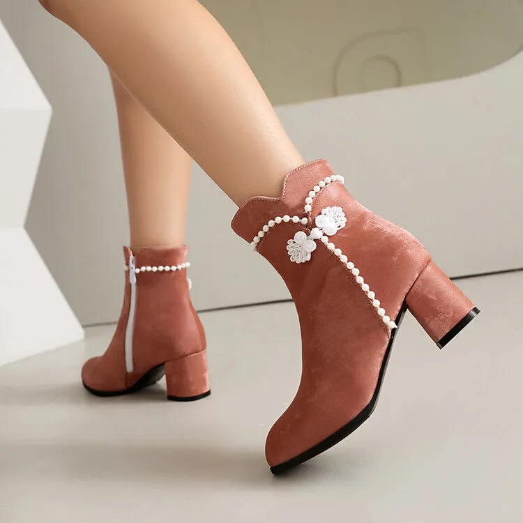 Women's Beads Round Toe Block Heel Ankle Boots