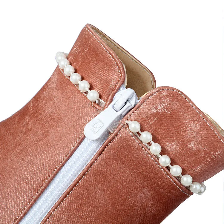 Women's Beads Round Toe Block Heel Ankle Boots