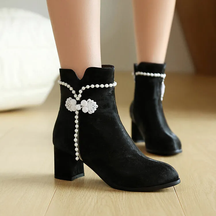 Women's Beads Round Toe Block Heel Ankle Boots