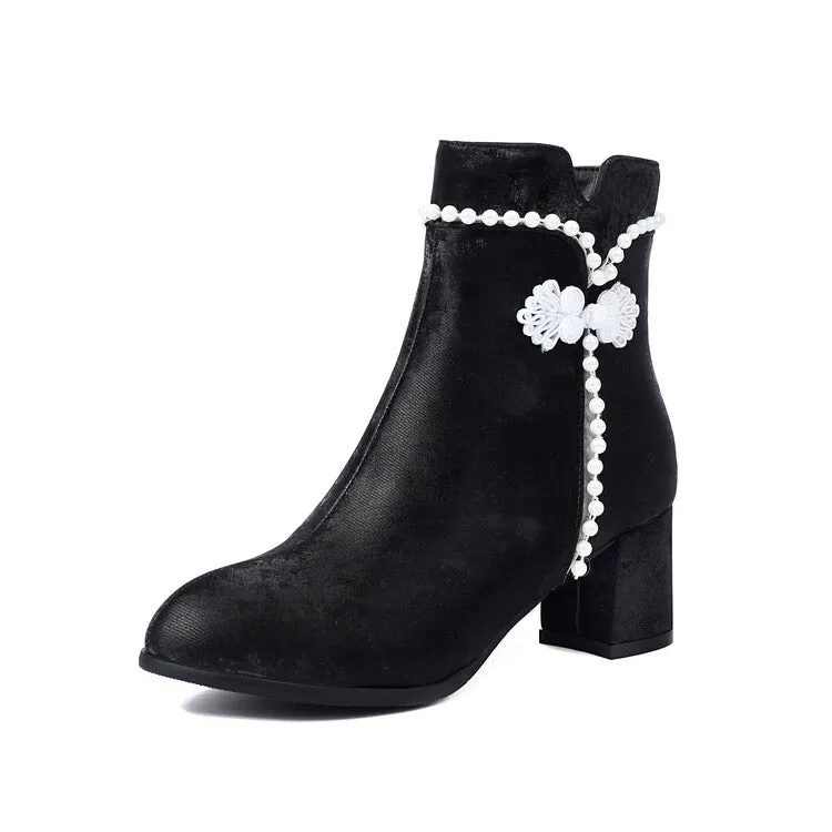 Women's Beads Round Toe Block Heel Ankle Boots