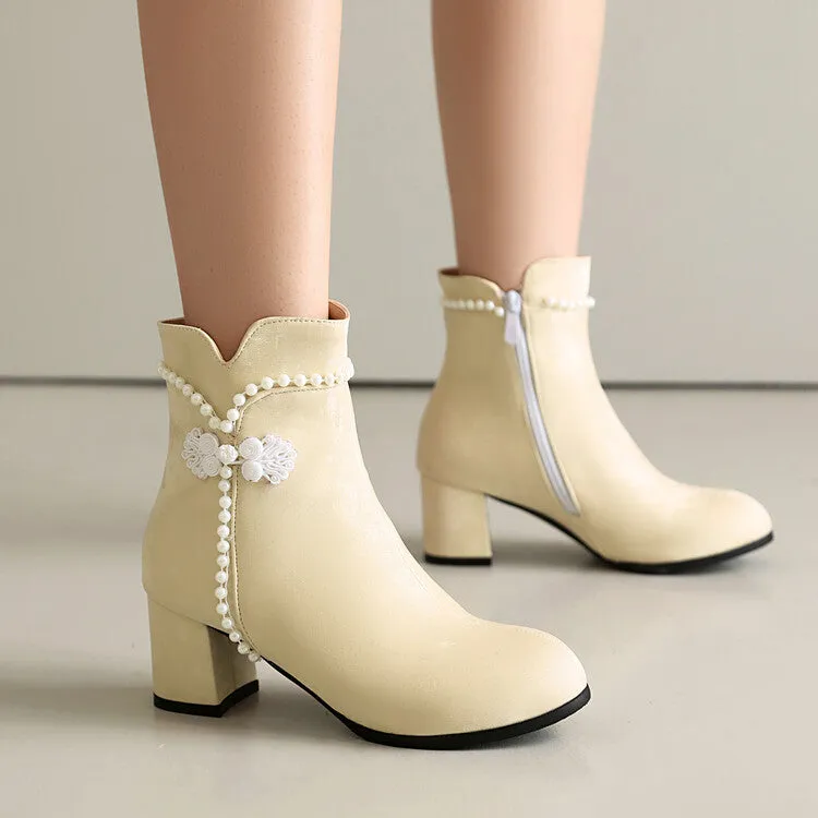 Women's Beads Round Toe Block Heel Ankle Boots