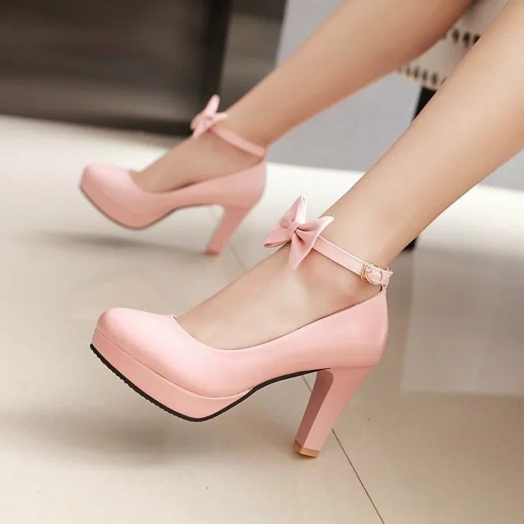Women's Bow Tie Ankle Strap Block Chunky Heel Platform Pumps