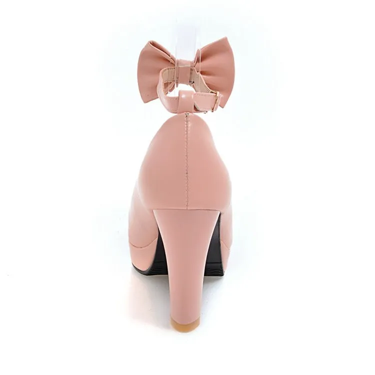 Women's Bow Tie Ankle Strap Block Chunky Heel Platform Pumps