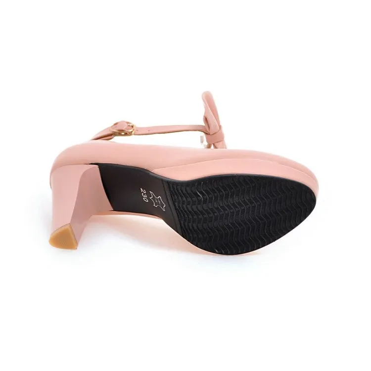 Women's Bow Tie Ankle Strap Block Chunky Heel Platform Pumps