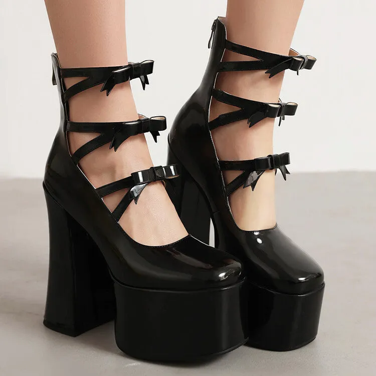 Women's Bow Tie Multi Buckle Straps Block Heel Mary Jane Platform Pumps