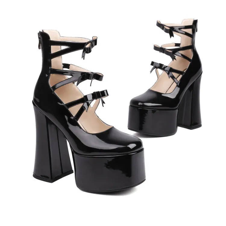 Women's Bow Tie Multi Buckle Straps Block Heel Mary Jane Platform Pumps