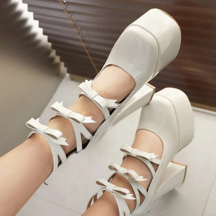 Women's Bow Tie Multi Buckle Straps Block Heel Mary Jane Platform Pumps