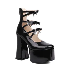 Women's Bow Tie Multi Buckle Straps Block Heel Mary Jane Platform Pumps
