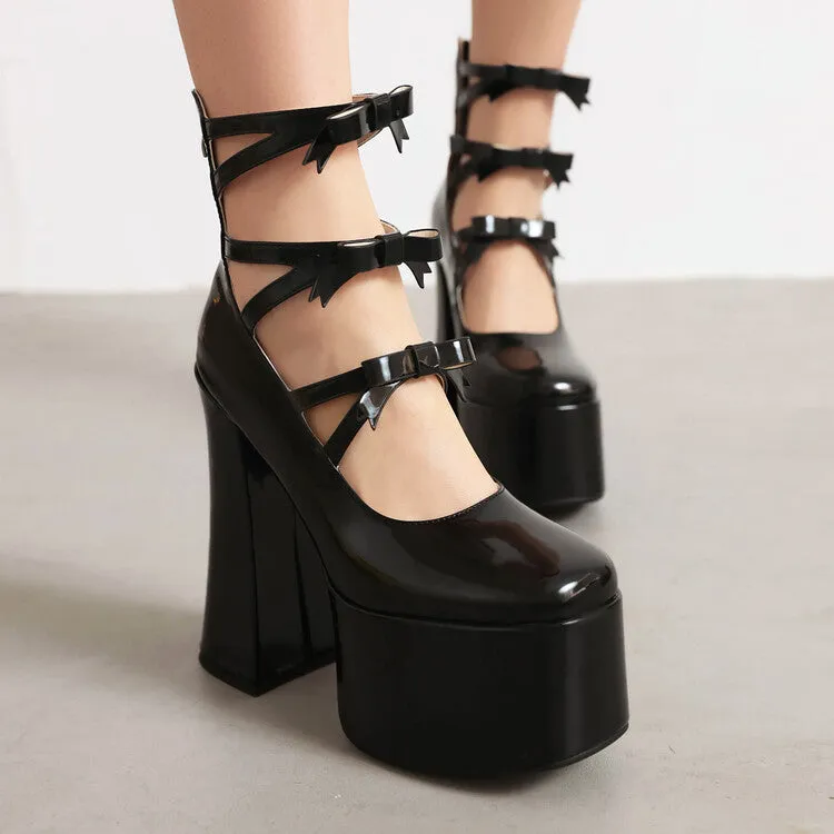 Women's Bow Tie Multi Buckle Straps Block Heel Mary Jane Platform Pumps