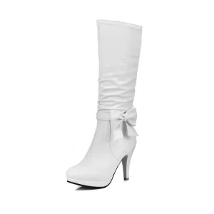 Women's Bow Tie Slouch Cone Heel Platform Side Zippers Knee High Boots