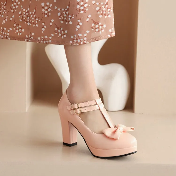 Women's Bow Tie T Strap Mary Janes Block Heel Platform Pumps