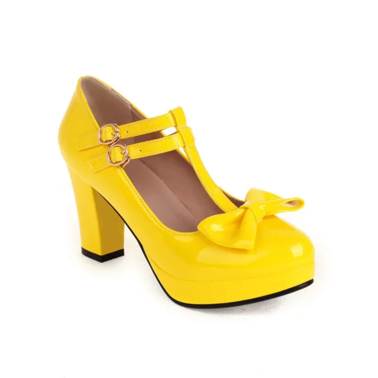 Women's Bow Tie T Strap Mary Janes Block Heel Platform Pumps