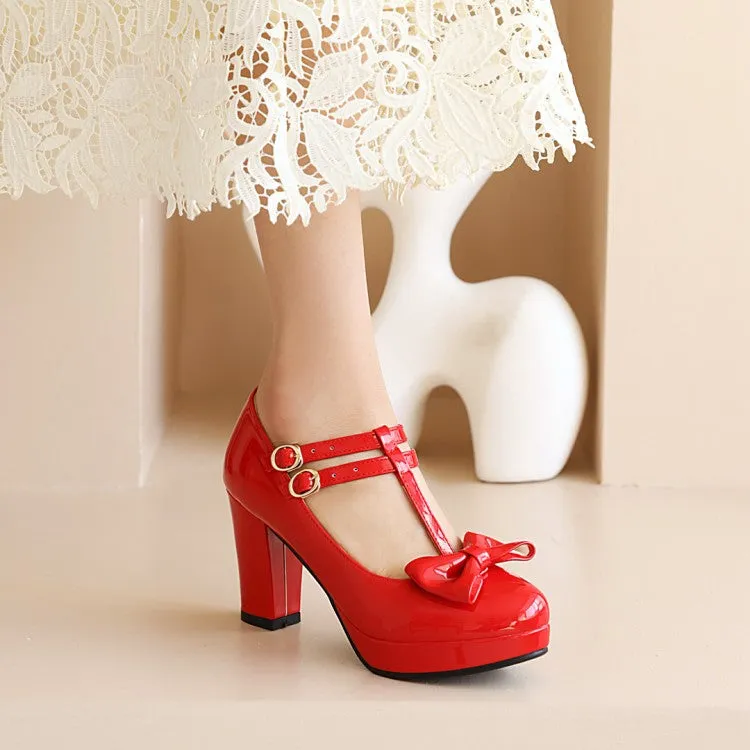 Women's Bow Tie T Strap Mary Janes Block Heel Platform Pumps