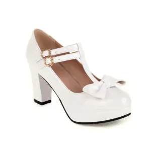 Women's Bow Tie T Strap Mary Janes Block Heel Platform Pumps