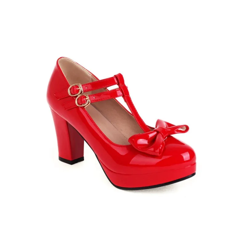 Women's Bow Tie T Strap Mary Janes Block Heel Platform Pumps