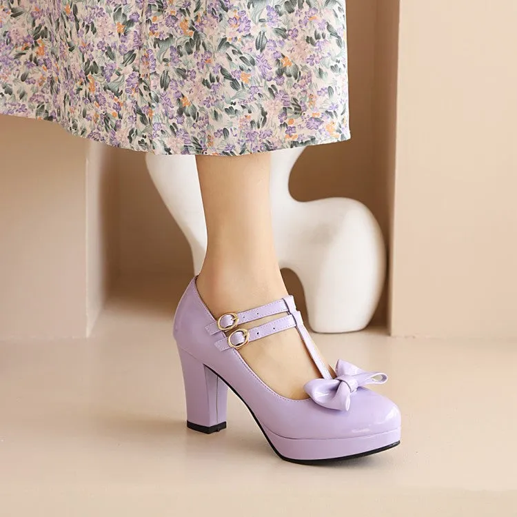 Women's Bow Tie T Strap Mary Janes Block Heel Platform Pumps