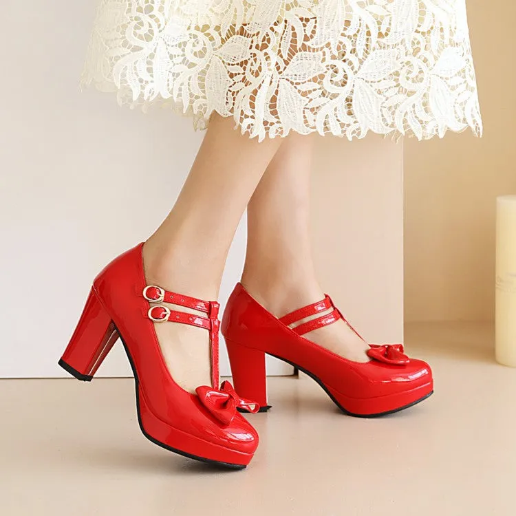 Women's Bow Tie T Strap Mary Janes Block Heel Platform Pumps